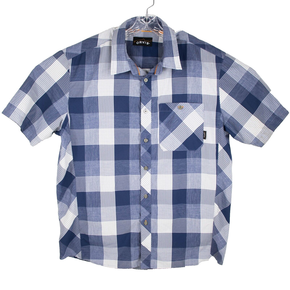 ORVIS Blue Plaid Button Up Short Sleeve Lightweight Shirt Mens SIZE L